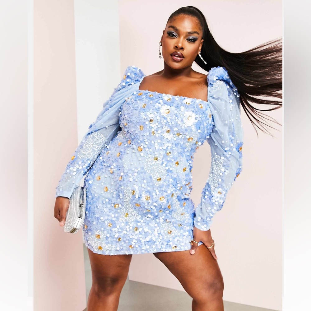 ASOS Curve Blue Floral Long Sleeve Dress